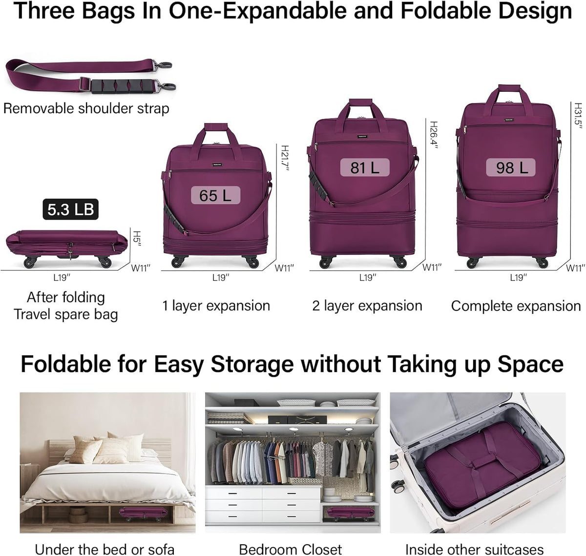 Suitcases with Wheels Expandable Foldable Luggage Bag Suitcase Collapsible Rolling Travel Bag Duffel Bag for Men Women Lightweight Suitcases without Telescoping Handle, Purple