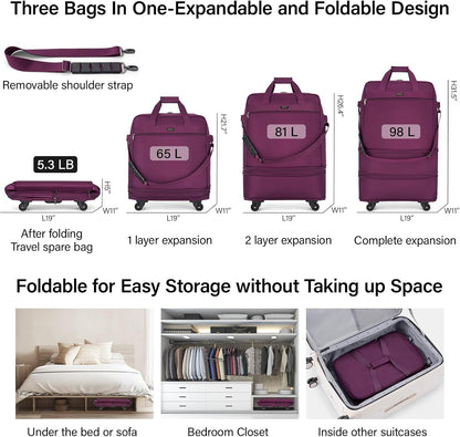 Suitcases with Wheels Expandable Foldable Luggage Bag Suitcase Collapsible Rolling Travel Bag Duffel Bag for Men Women Lightweight Suitcases without Telescoping Handle, Purple