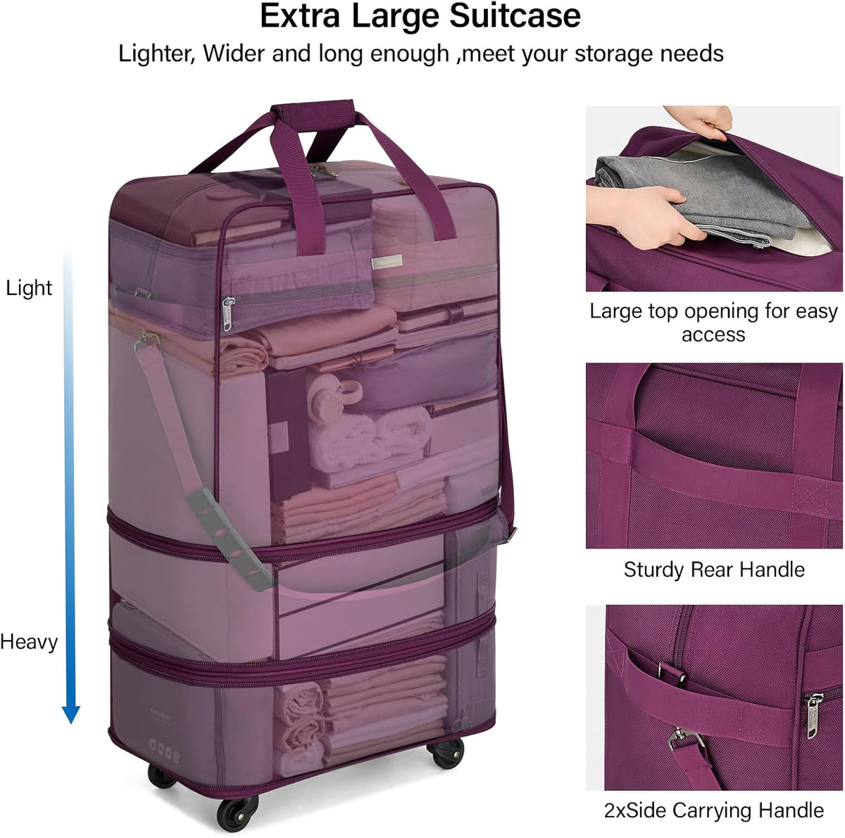 Suitcases with Wheels Expandable Foldable Luggage Bag Suitcase Collapsible Rolling Travel Bag Duffel Bag for Men Women Lightweight Suitcases without Telescoping Handle, Purple