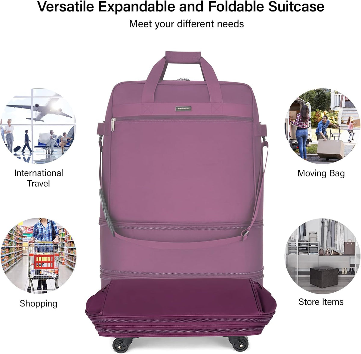 Suitcases with Wheels Expandable Foldable Luggage Bag Suitcase Collapsible Rolling Travel Bag Duffel Bag for Men Women Lightweight Suitcases without Telescoping Handle, Purple