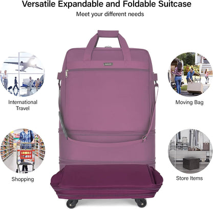 Suitcases with Wheels Expandable Foldable Luggage Bag Suitcase Collapsible Rolling Travel Bag Duffel Bag for Men Women Lightweight Suitcases without Telescoping Handle, Purple