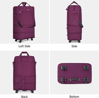 Suitcases with Wheels Expandable Foldable Luggage Bag Suitcase Collapsible Rolling Travel Bag Duffel Bag for Men Women Lightweight Suitcases without Telescoping Handle, Purple
