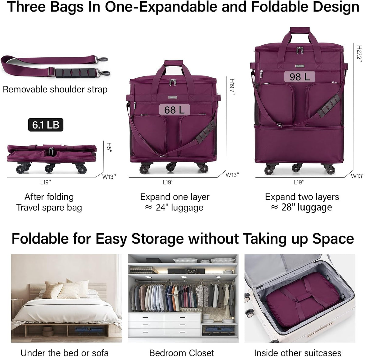 Suitcases with Wheels Expandable Foldable Luggage Bag Suitcase Collapsible Rolling Travel Bag Duffel Bag for Men Women Lightweight Suitcases without Telescoping Handle, Purple