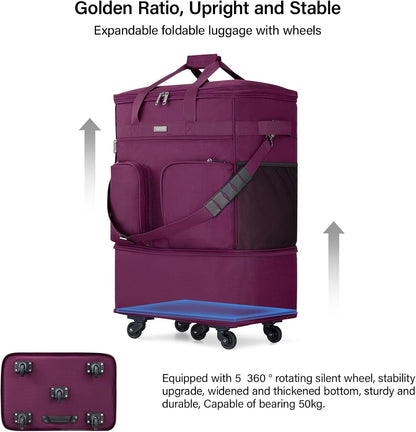 Suitcases with Wheels Expandable Foldable Luggage Bag Suitcase Collapsible Rolling Travel Bag Duffel Bag for Men Women Lightweight Suitcases without Telescoping Handle, Purple