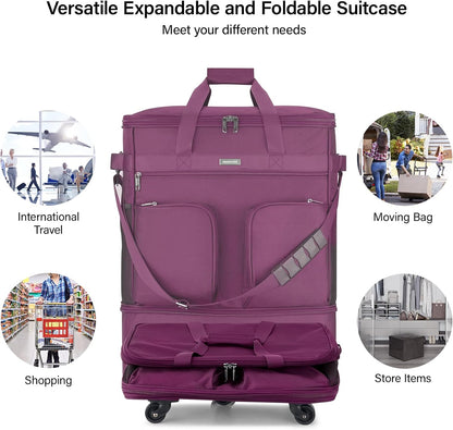 Suitcases with Wheels Expandable Foldable Luggage Bag Suitcase Collapsible Rolling Travel Bag Duffel Bag for Men Women Lightweight Suitcases without Telescoping Handle, Purple