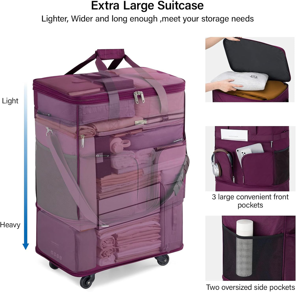 Suitcases with Wheels Expandable Foldable Luggage Bag Suitcase Collapsible Rolling Travel Bag Duffel Bag for Men Women Lightweight Suitcases without Telescoping Handle, Purple
