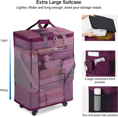 Suitcases with Wheels Expandable Foldable Luggage Bag Suitcase Collapsible Rolling Travel Bag Duffel Bag for Men Women Lightweight Suitcases without Telescoping Handle, Purple