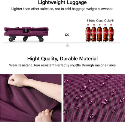 Suitcases with Wheels Expandable Foldable Luggage Bag Suitcase Collapsible Rolling Travel Bag Duffel Bag for Men Women Lightweight Suitcases without Telescoping Handle, Purple