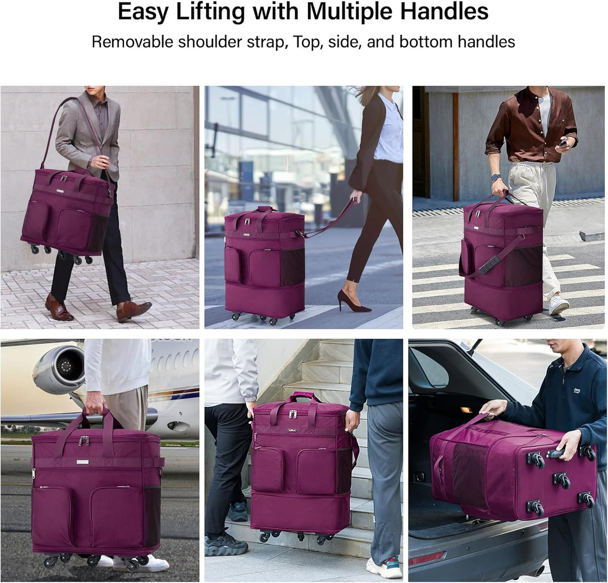 Suitcases with Wheels Expandable Foldable Luggage Bag Suitcase Collapsible Rolling Travel Bag Duffel Bag for Men Women Lightweight Suitcases without Telescoping Handle, Purple