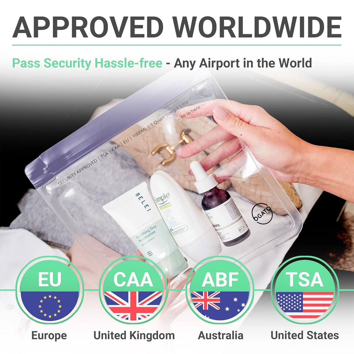 Ogato 3pcs - Clear TSA Approved Toiletry Bag - Our Quart Size Clear Toiletry Bags are Security Approved Worldwide for Liquids & Cosmetics - 100% 3-1-1 Compliant Travel Bags for Toiletries