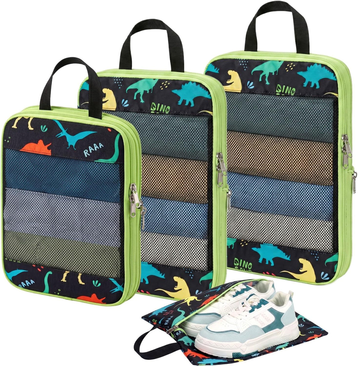 Kids Compression Packing Cubes - 4 PCS Sets, Black Dinasour | Water Resistant 4 Piece Set with Shoe Bag, Toddler Suitcase Organizer Set, Expandable Storage for Luggage