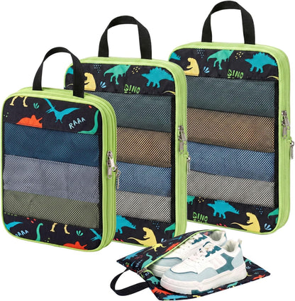 Kids Compression Packing Cubes - 4 PCS Sets, Black Dinasour | Water Resistant 4 Piece Set with Shoe Bag, Toddler Suitcase Organizer Set, Expandable Storage for Luggage