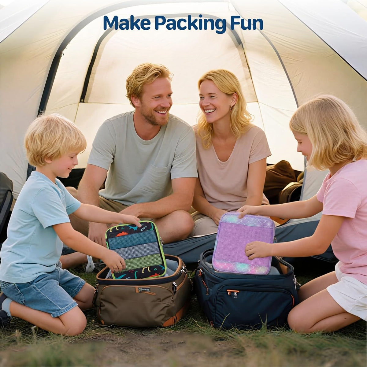 Kids Compression Packing Cubes - 4 PCS Sets, Black Dinasour | Water Resistant 4 Piece Set with Shoe Bag, Toddler Suitcase Organizer Set, Expandable Storage for Luggage