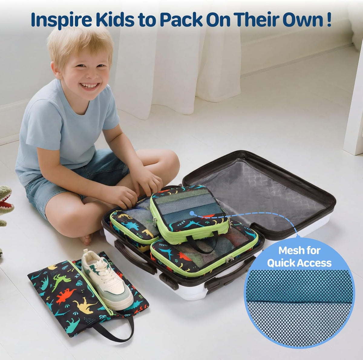Kids Compression Packing Cubes - 4 PCS Sets, Black Dinasour | Water Resistant 4 Piece Set with Shoe Bag, Toddler Suitcase Organizer Set, Expandable Storage for Luggage