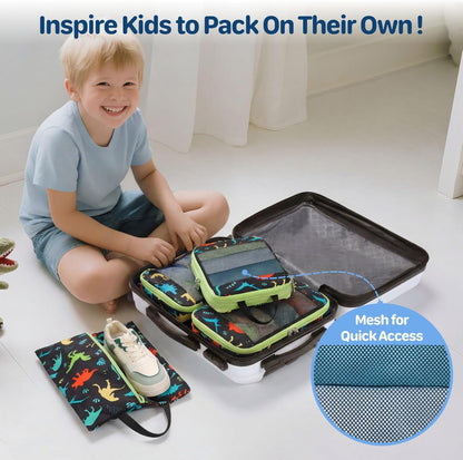 Kids Compression Packing Cubes - 4 PCS Sets, Black Dinasour | Water Resistant 4 Piece Set with Shoe Bag, Toddler Suitcase Organizer Set, Expandable Storage for Luggage