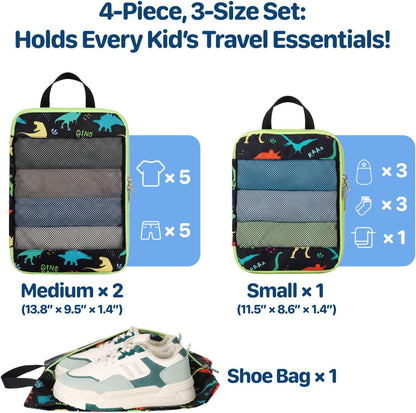 Kids Compression Packing Cubes - 4 PCS Sets, Black Dinasour | Water Resistant 4 Piece Set with Shoe Bag, Toddler Suitcase Organizer Set, Expandable Storage for Luggage