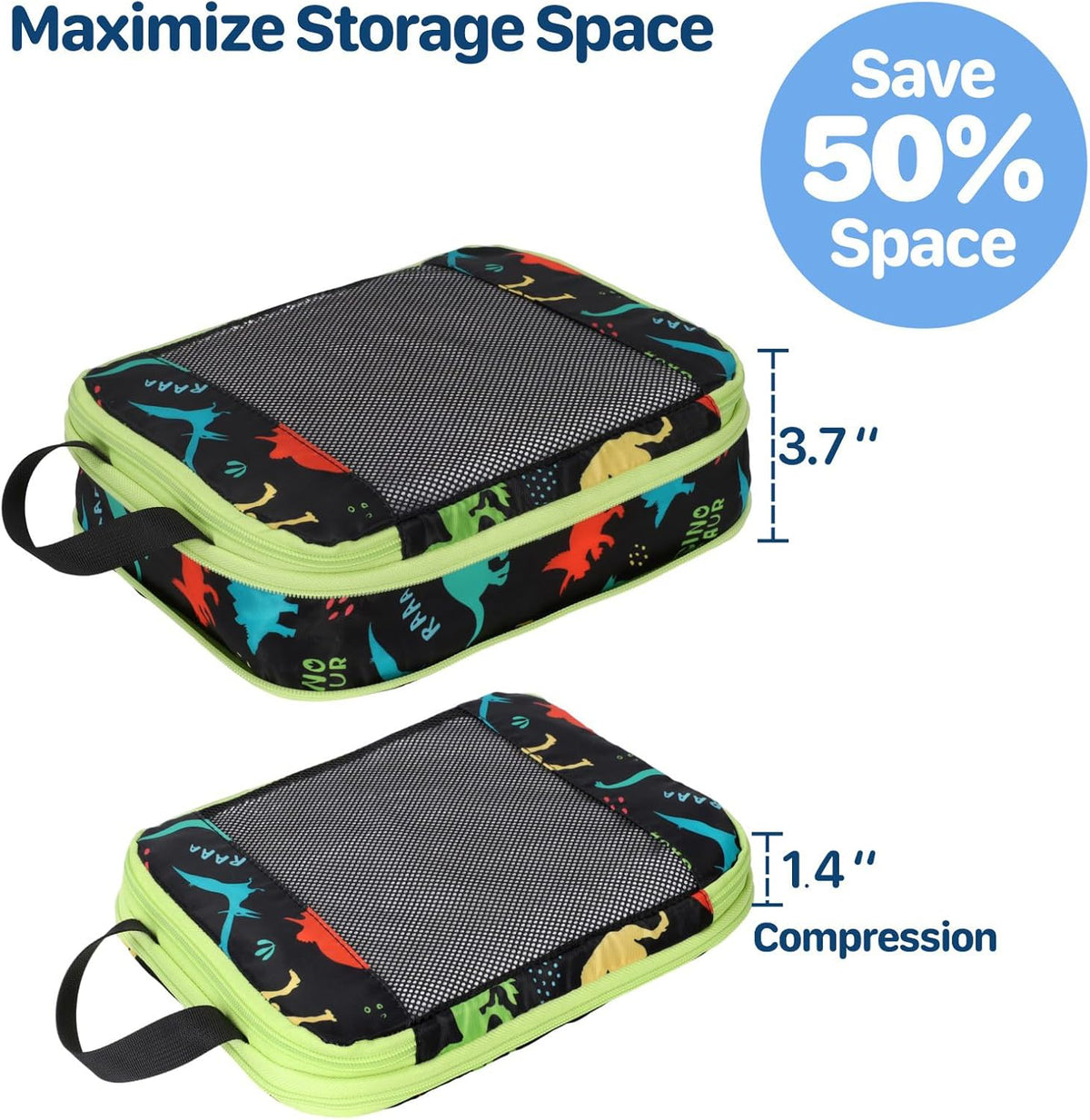 Kids Compression Packing Cubes - 4 PCS Sets, Black Dinasour | Water Resistant 4 Piece Set with Shoe Bag, Toddler Suitcase Organizer Set, Expandable Storage for Luggage