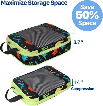 Kids Compression Packing Cubes - 4 PCS Sets, Black Dinasour | Water Resistant 4 Piece Set with Shoe Bag, Toddler Suitcase Organizer Set, Expandable Storage for Luggage