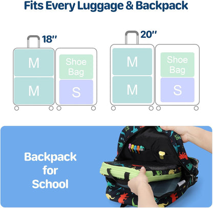 Kids Compression Packing Cubes - 4 PCS Sets, Black Dinasour | Water Resistant 4 Piece Set with Shoe Bag, Toddler Suitcase Organizer Set, Expandable Storage for Luggage