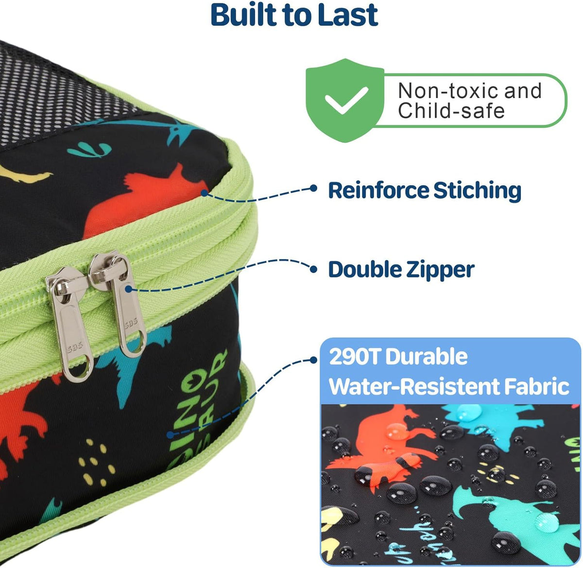Kids Compression Packing Cubes - 4 PCS Sets, Black Dinasour | Water Resistant 4 Piece Set with Shoe Bag, Toddler Suitcase Organizer Set, Expandable Storage for Luggage