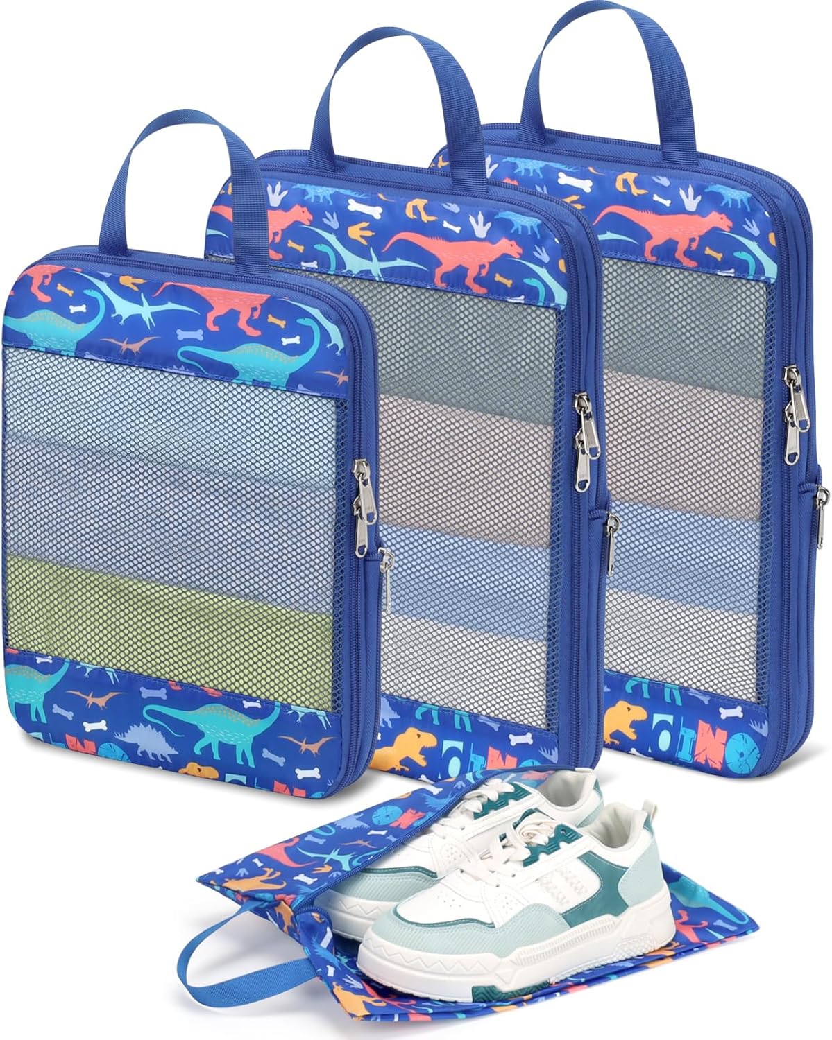 Kids Compression Packing Cubes - 4 PCS Sets, Black Dinasour | Water Resistant 4 Piece Set with Shoe Bag, Toddler Suitcase Organizer Set, Expandable Storage for Luggage