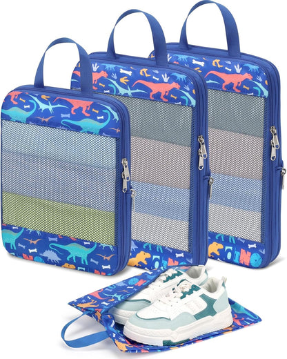 Kids Compression Packing Cubes - 4 PCS Sets, Black Dinasour | Water Resistant 4 Piece Set with Shoe Bag, Toddler Suitcase Organizer Set, Expandable Storage for Luggage