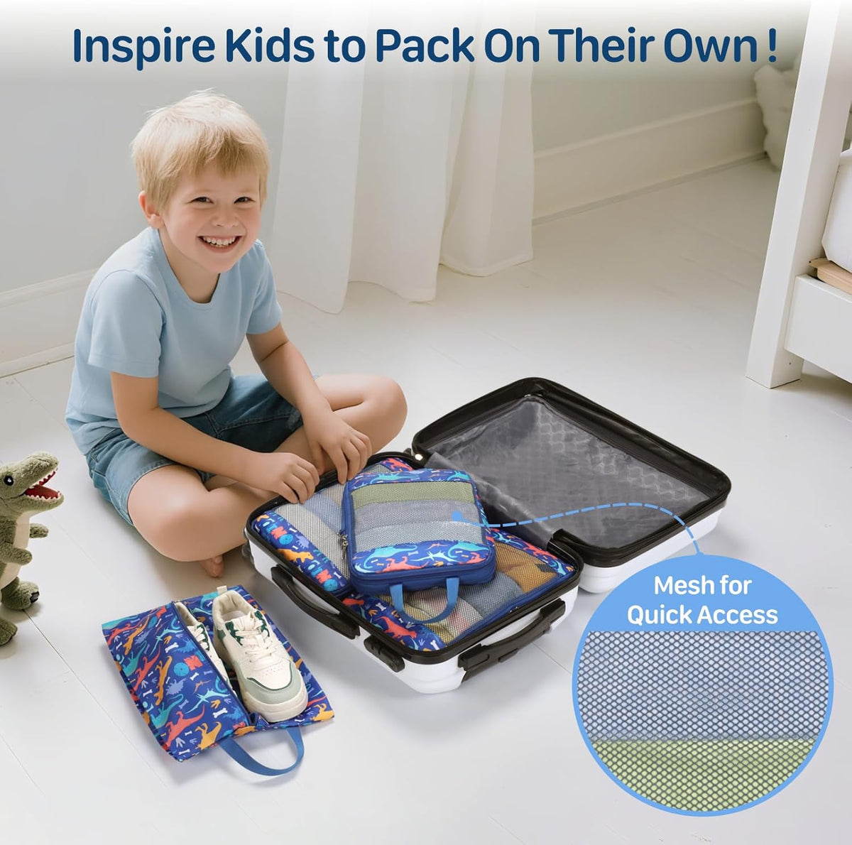 Kids Compression Packing Cubes - 4 PCS Sets, Black Dinasour | Water Resistant 4 Piece Set with Shoe Bag, Toddler Suitcase Organizer Set, Expandable Storage for Luggage