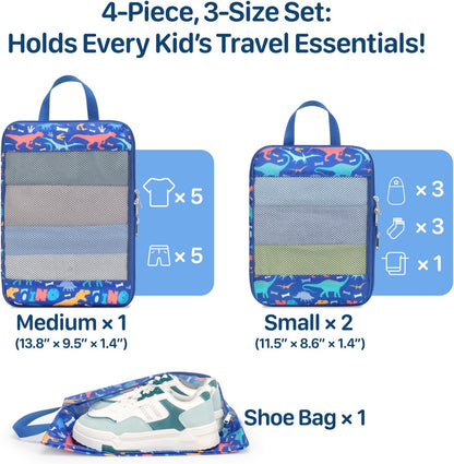 Kids Compression Packing Cubes - 4 PCS Sets, Black Dinasour | Water Resistant 4 Piece Set with Shoe Bag, Toddler Suitcase Organizer Set, Expandable Storage for Luggage