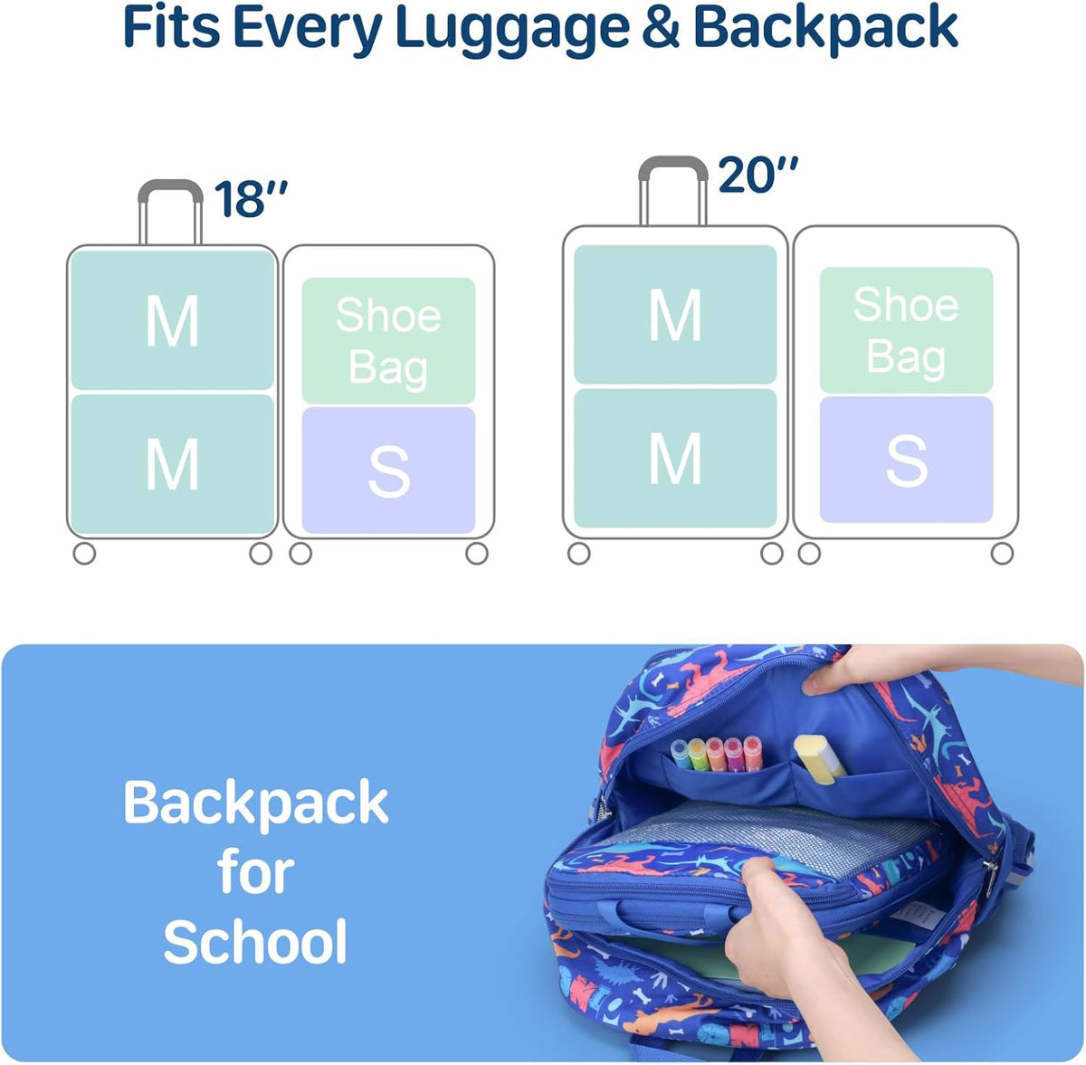 Kids Compression Packing Cubes - 4 PCS Sets, Black Dinasour | Water Resistant 4 Piece Set with Shoe Bag, Toddler Suitcase Organizer Set, Expandable Storage for Luggage