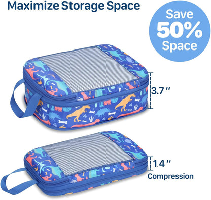 Kids Compression Packing Cubes - 4 PCS Sets, Black Dinasour | Water Resistant 4 Piece Set with Shoe Bag, Toddler Suitcase Organizer Set, Expandable Storage for Luggage