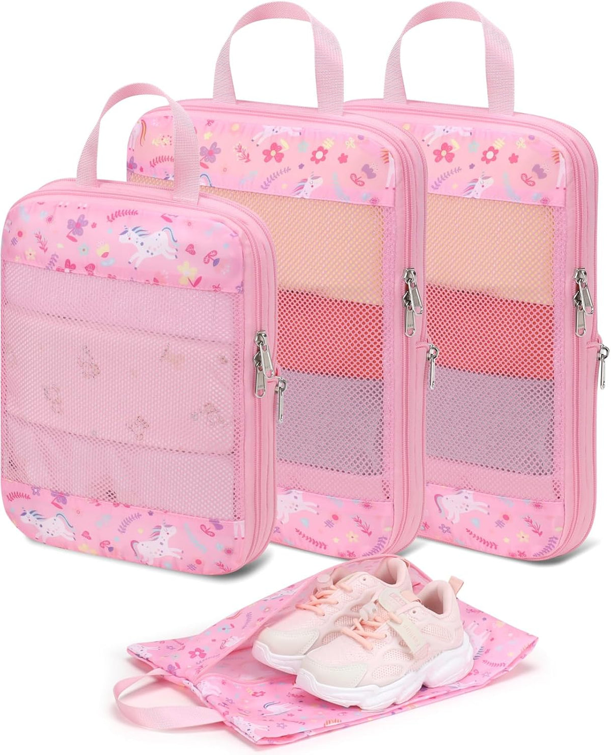 Kids Compression Packing Cubes - 4 PCS Sets, Black Dinasour | Water Resistant 4 Piece Set with Shoe Bag, Toddler Suitcase Organizer Set, Expandable Storage for Luggage