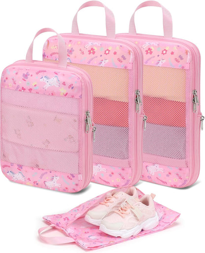 Kids Compression Packing Cubes - 4 PCS Sets, Black Dinasour | Water Resistant 4 Piece Set with Shoe Bag, Toddler Suitcase Organizer Set, Expandable Storage for Luggage