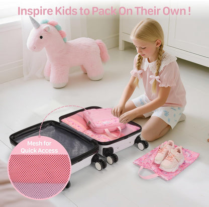 Kids Compression Packing Cubes - 4 PCS Sets, Black Dinasour | Water Resistant 4 Piece Set with Shoe Bag, Toddler Suitcase Organizer Set, Expandable Storage for Luggage