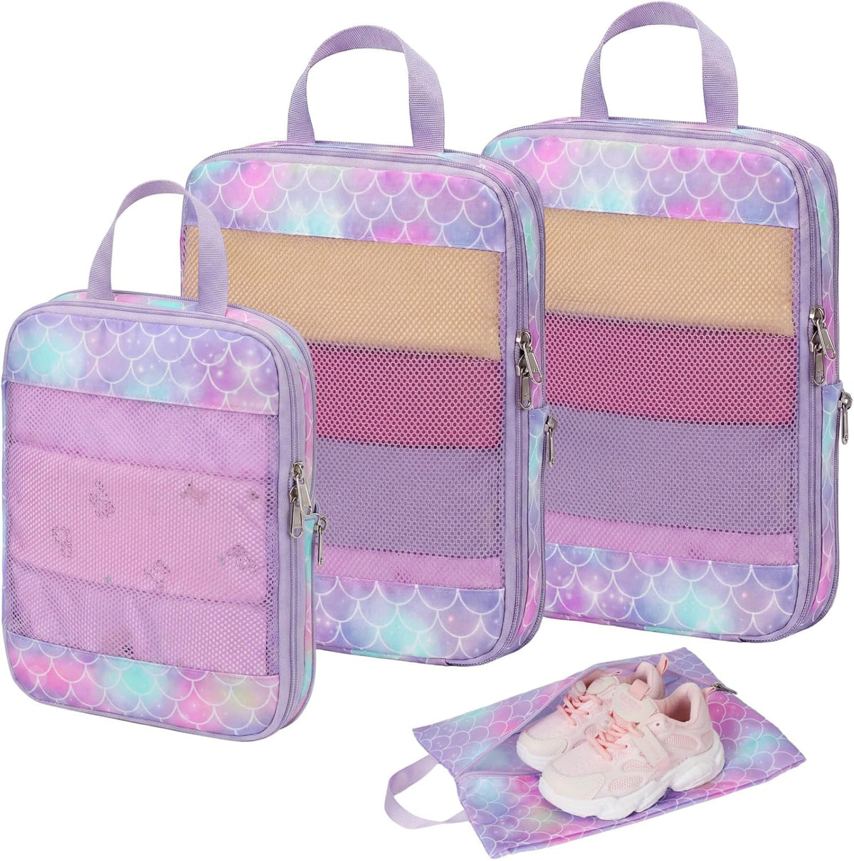 Kids Compression Packing Cubes - 4 PCS Sets, Black Dinasour | Water Resistant 4 Piece Set with Shoe Bag, Toddler Suitcase Organizer Set, Expandable Storage for Luggage