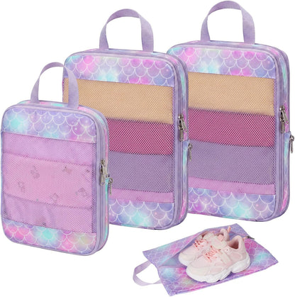 Kids Compression Packing Cubes - 4 PCS Sets, Black Dinasour | Water Resistant 4 Piece Set with Shoe Bag, Toddler Suitcase Organizer Set, Expandable Storage for Luggage