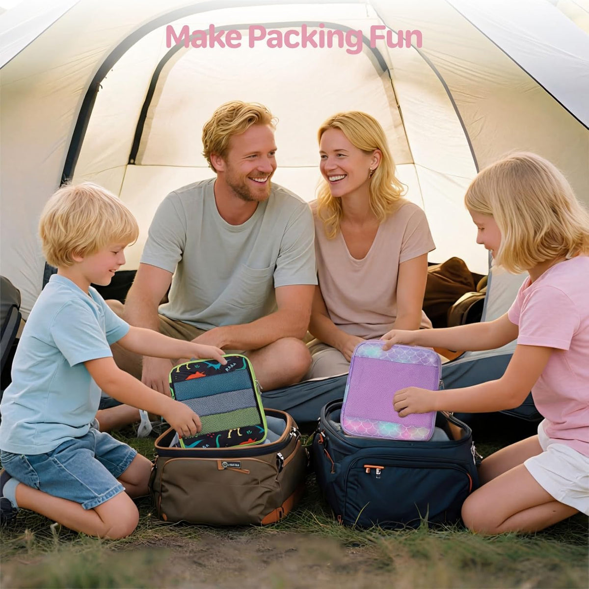 Kids Compression Packing Cubes - 4 PCS Sets, Black Dinasour | Water Resistant 4 Piece Set with Shoe Bag, Toddler Suitcase Organizer Set, Expandable Storage for Luggage