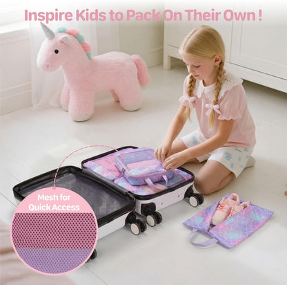 Kids Compression Packing Cubes - 4 PCS Sets, Black Dinasour | Water Resistant 4 Piece Set with Shoe Bag, Toddler Suitcase Organizer Set, Expandable Storage for Luggage