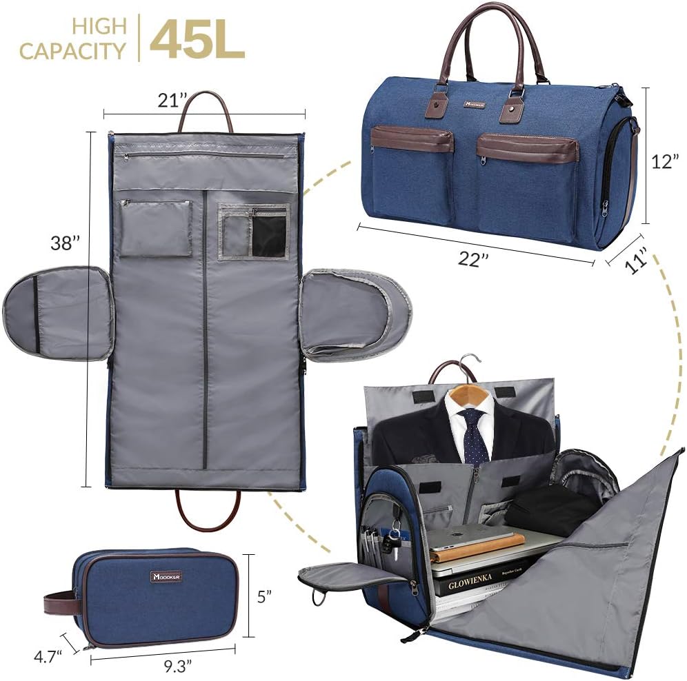Convertible Garment Bag with Shoulder Strap, Carry on Garment Duffel Bag for Men Women - 2 in 1 Hanging Suitcase Suit Travel Bags, Blue, 45l, Casual, Convertible