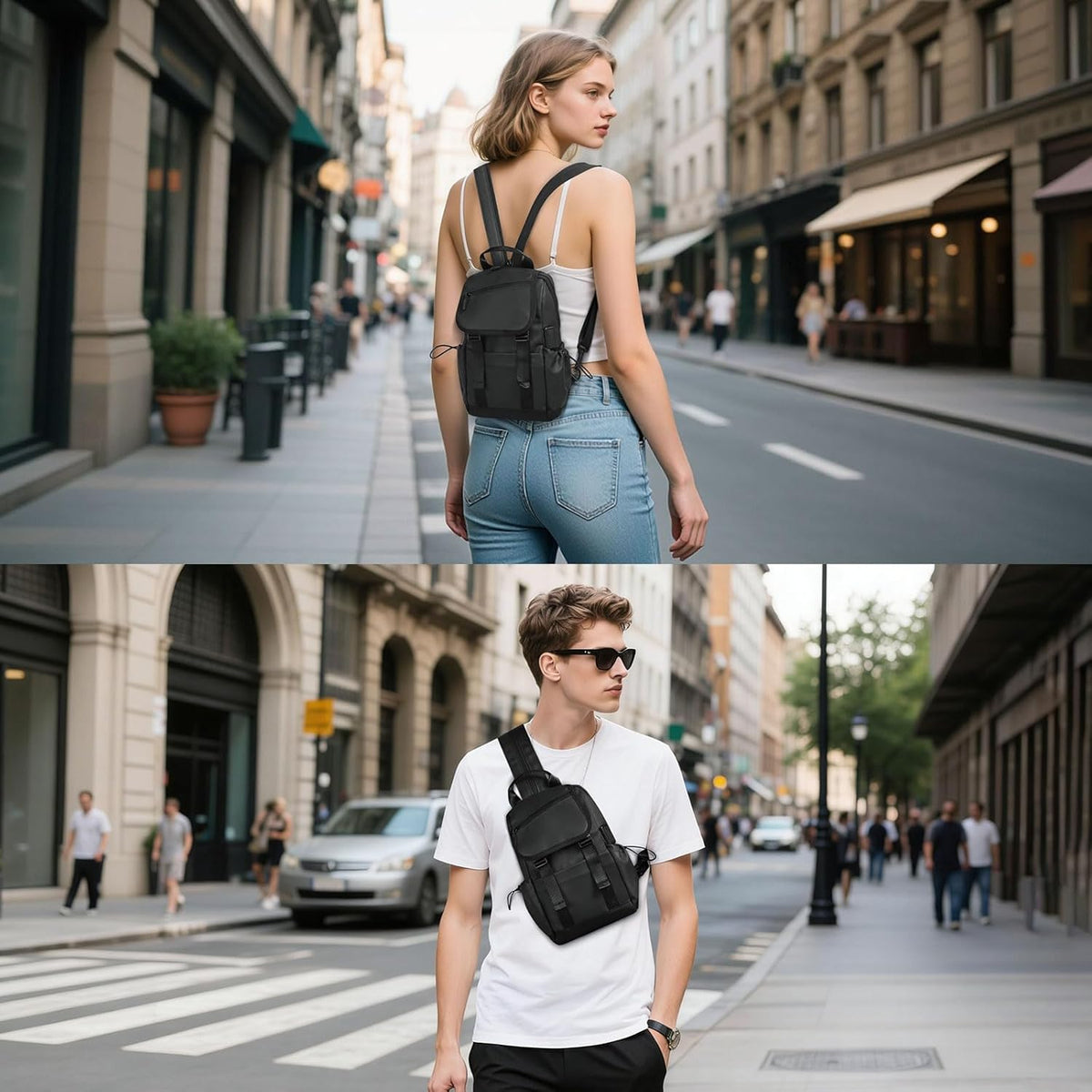 Small Backpack for Women Men, Convertible Crossbody Bags with USB Charge Port, Lightweight Casual Sling Shoulder for Outdoor Travel (Black)