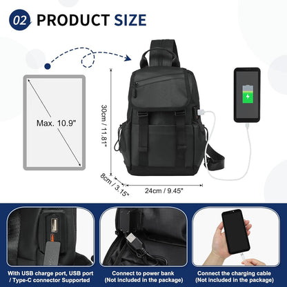 Small Backpack for Women Men, Convertible Crossbody Bags with USB Charge Port, Lightweight Casual Sling Shoulder for Outdoor Travel (Black)