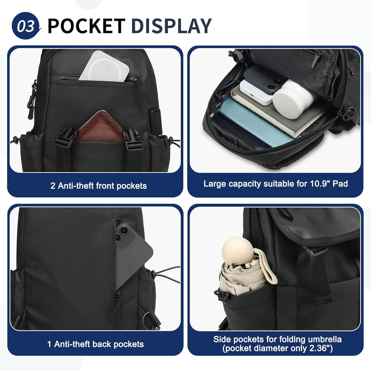 Small Backpack for Women Men, Convertible Crossbody Bags with USB Charge Port, Lightweight Casual Sling Shoulder for Outdoor Travel (Black)