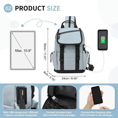 Small Backpack for Women Men, Convertible Crossbody Bags with USB Charge Port, Lightweight Casual Sling Shoulder for Outdoor Travel (Black)