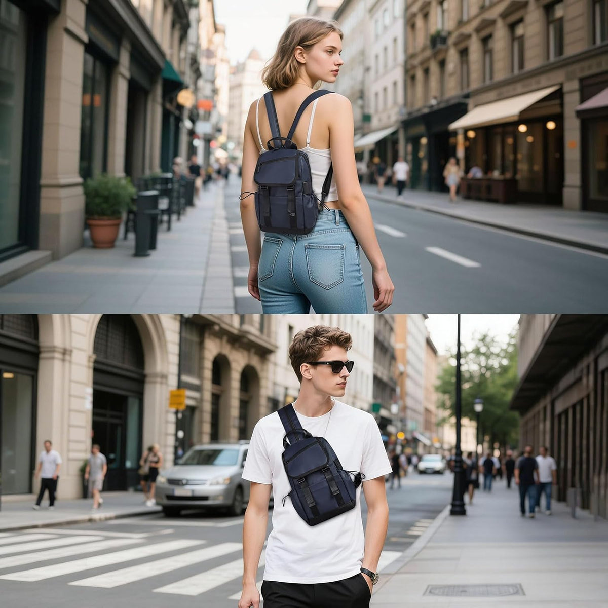 Small Backpack for Women Men, Convertible Crossbody Bags with USB Charge Port, Lightweight Casual Sling Shoulder for Outdoor Travel (Black)