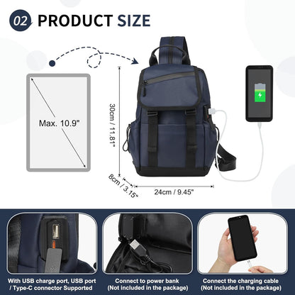 Small Backpack for Women Men, Convertible Crossbody Bags with USB Charge Port, Lightweight Casual Sling Shoulder for Outdoor Travel (Black)