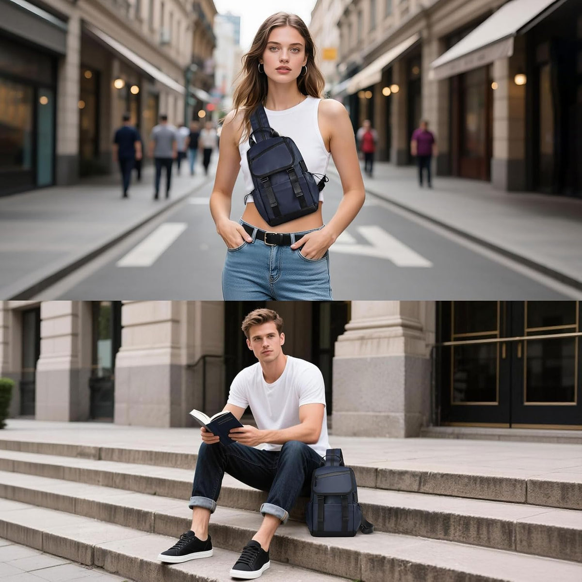 Small Backpack for Women Men, Convertible Crossbody Bags with USB Charge Port, Lightweight Casual Sling Shoulder for Outdoor Travel (Black)