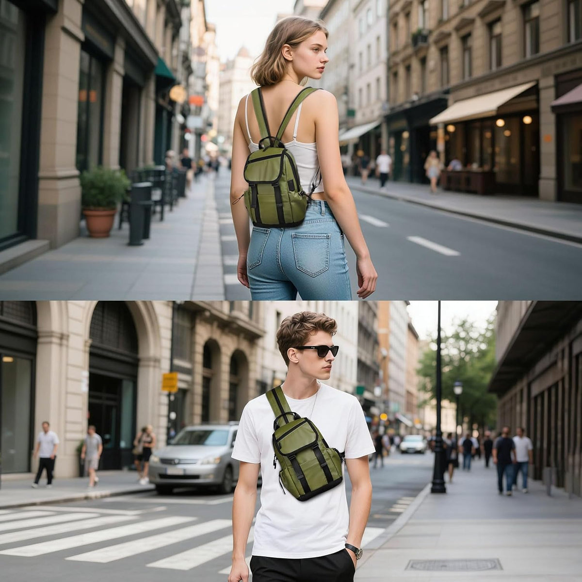 Small Backpack for Women Men, Convertible Crossbody Bags with USB Charge Port, Lightweight Casual Sling Shoulder for Outdoor Travel (Black)