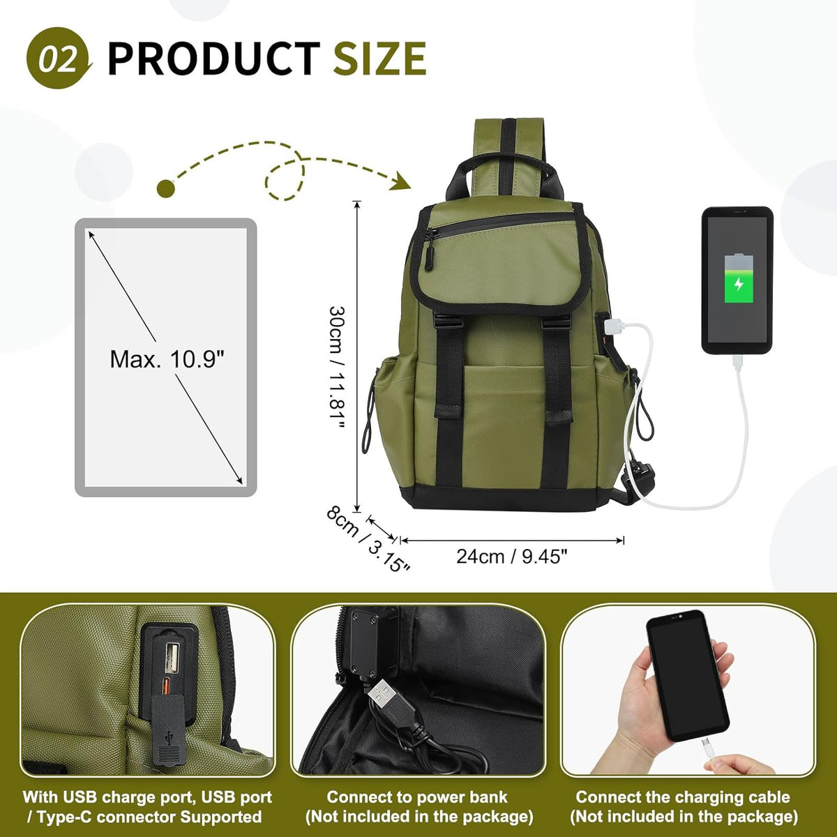 Small Backpack for Women Men, Convertible Crossbody Bags with USB Charge Port, Lightweight Casual Sling Shoulder for Outdoor Travel (Black)