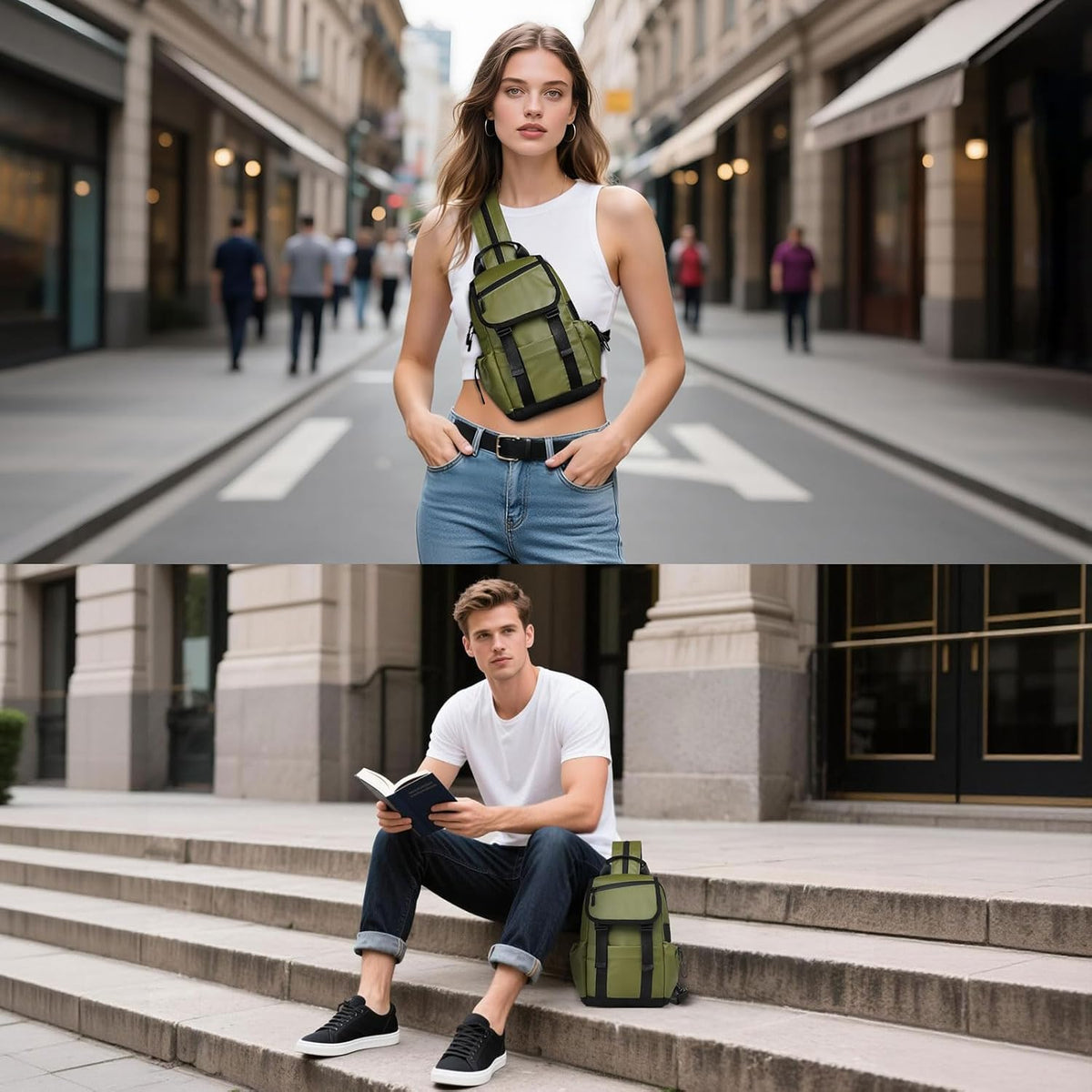 Small Backpack for Women Men, Convertible Crossbody Bags with USB Charge Port, Lightweight Casual Sling Shoulder for Outdoor Travel (Black)