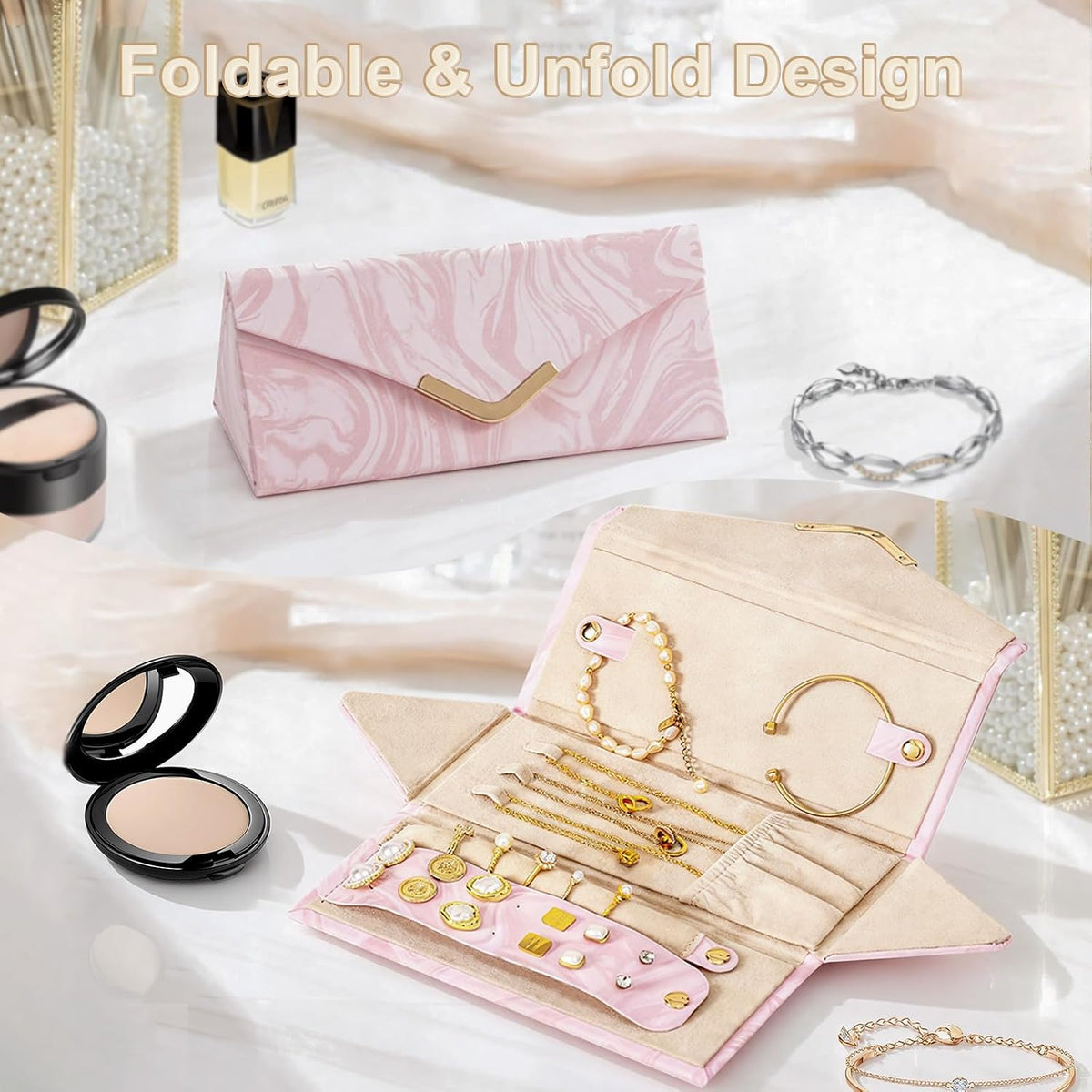 Jewelry Case for Women Girls, Triangle Jewelry Box Organizer, Small Foldable Storage Holder for Necklaces Earrings Rings Bracelets, Portable Travel Essentials Accessories