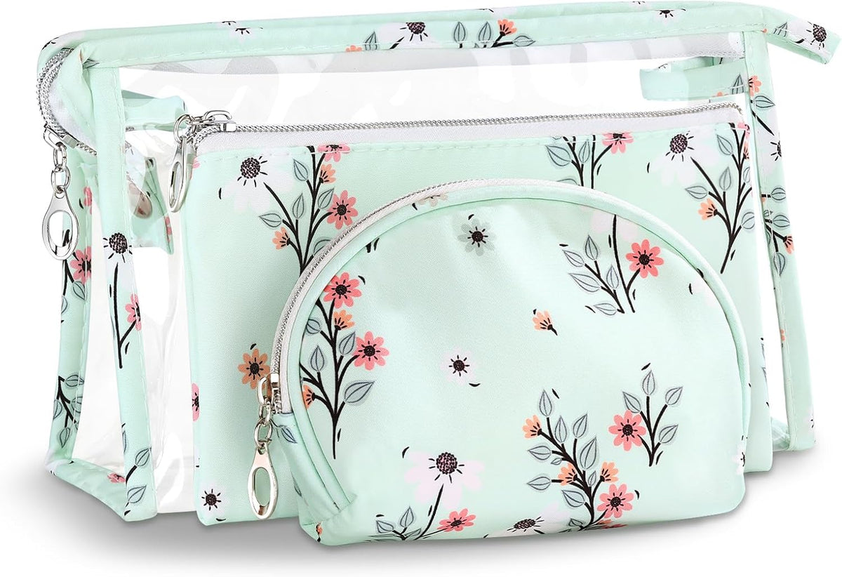 Makeup Bag, Clear Bag with Zipper, 3PC Floral Flowers Makeup Pouch, Waterproof Small Pouch, Portable Travel Toiletry Bag, C